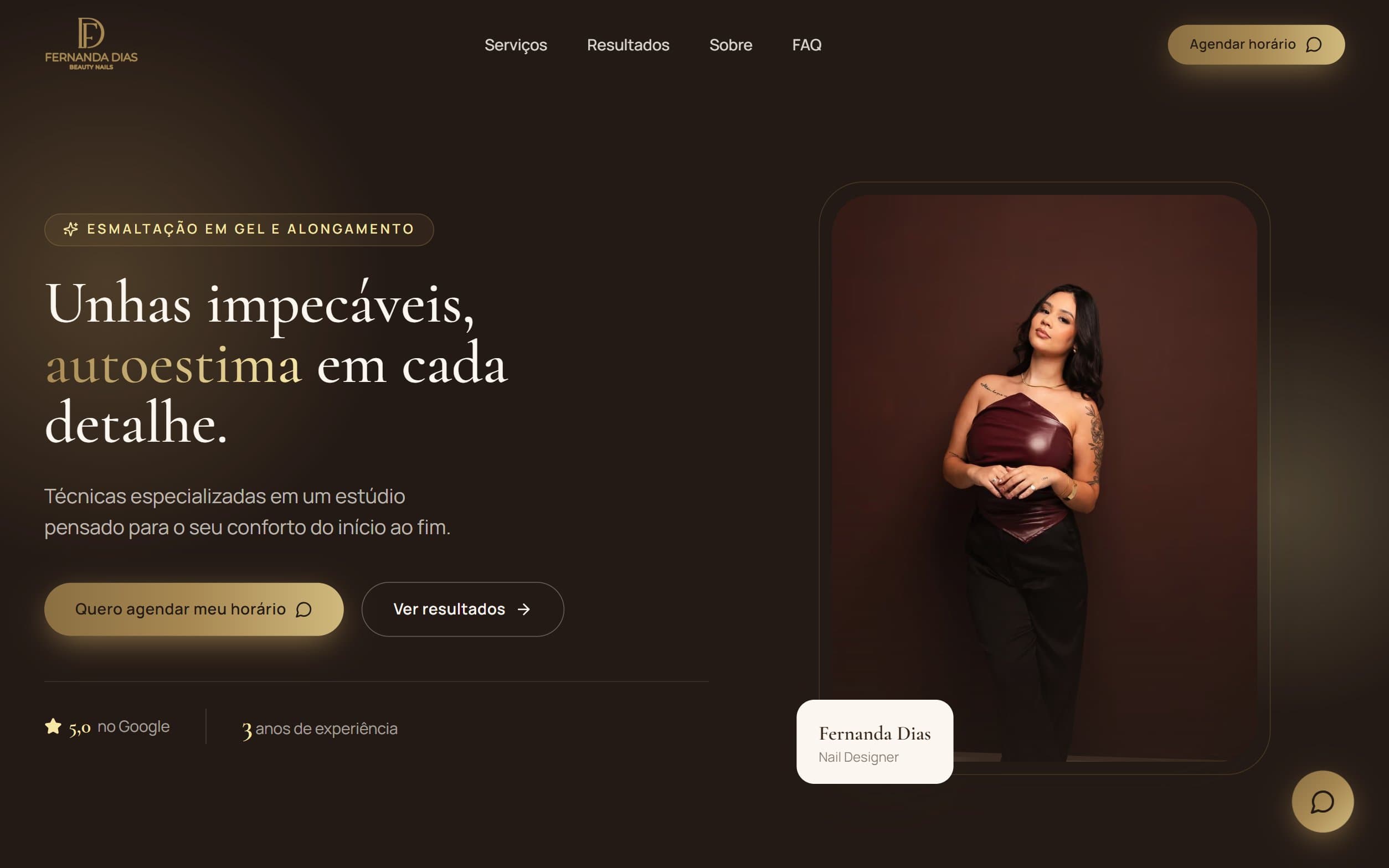 Prévia do site do Fernanda Dias Beauty Nails (Nail Design & Alongamento), exemplo real de site criado no estilo Vitrine
