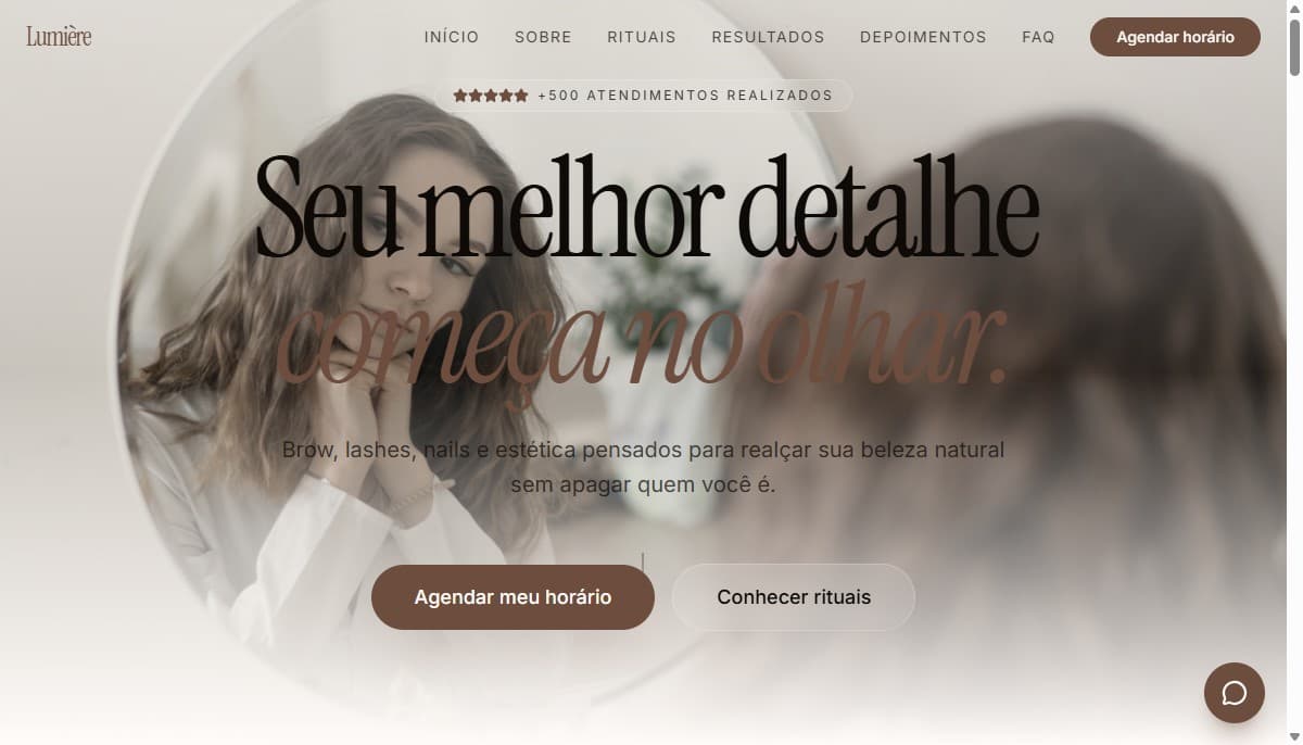 Captura de tela do site Lumière Studio Elegance, projeto de demonstração da Vitrine para o segmento de estética